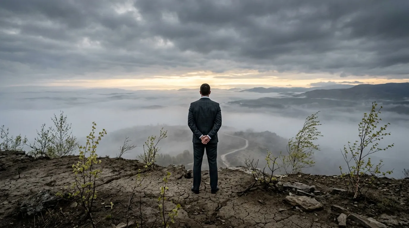 Homme en costume noir regardant vallée couverte de brouillard