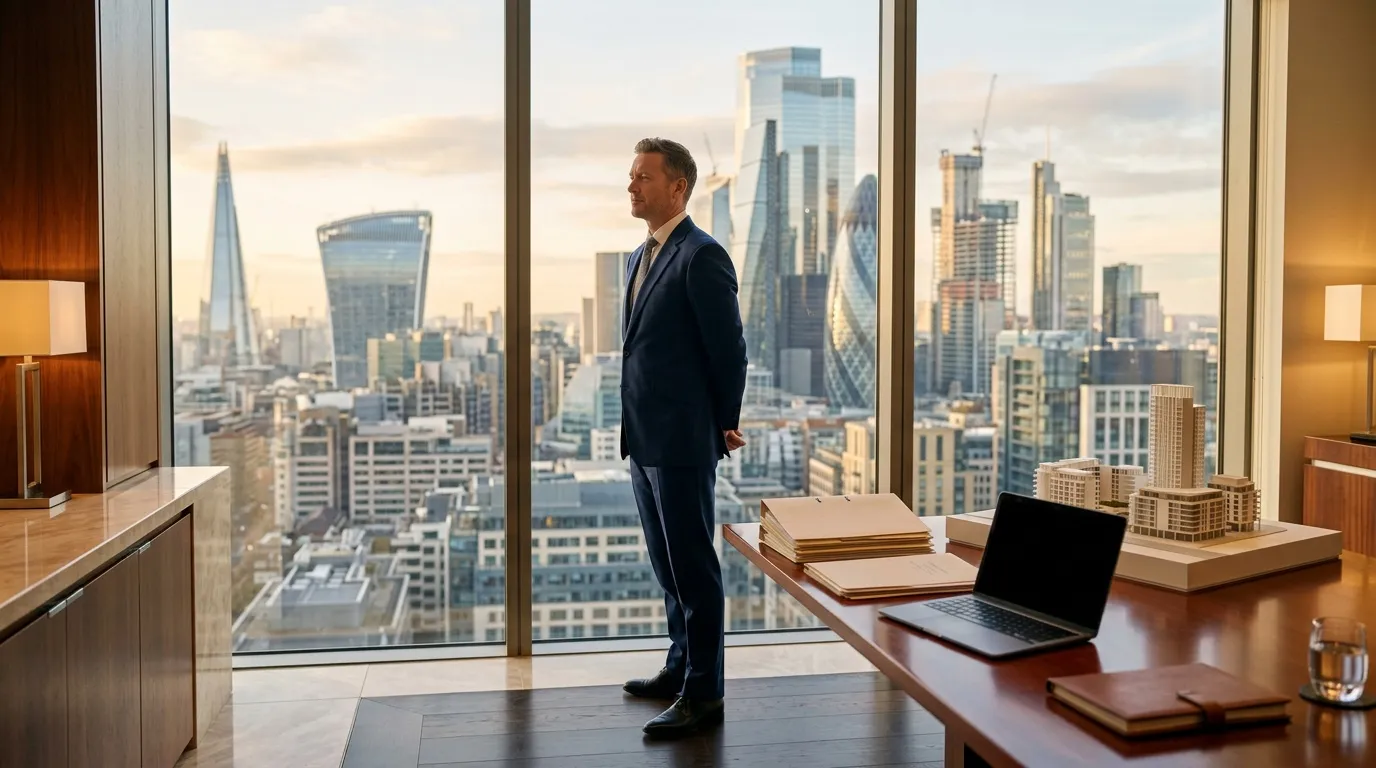 Homme en costume regardant la skyline de Londres depuis gratte-ciel
