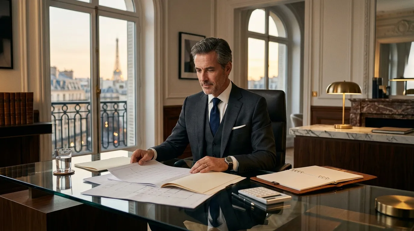 Homme en costume travaillant à son bureau avec vue sur Paris