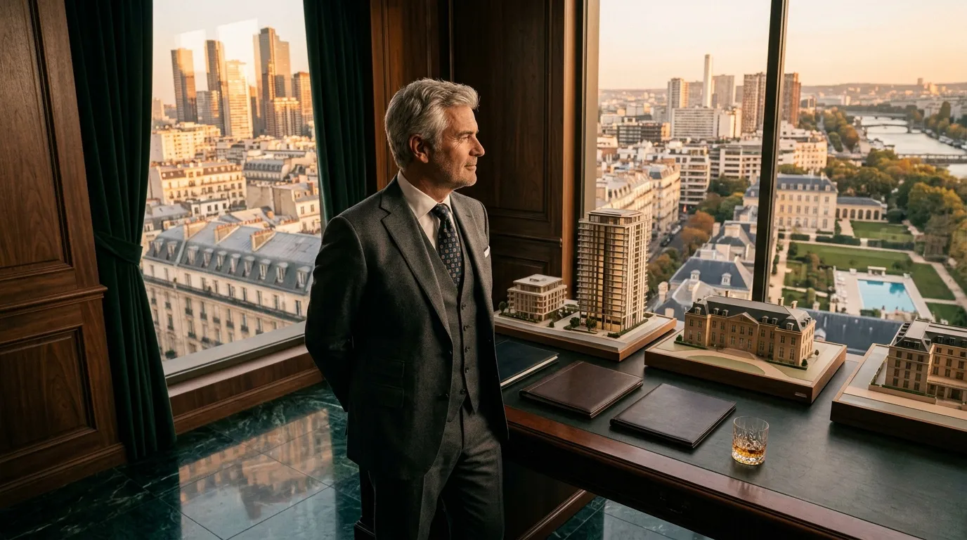 Homme en costume regardant la ville depuis un bureau haut étage