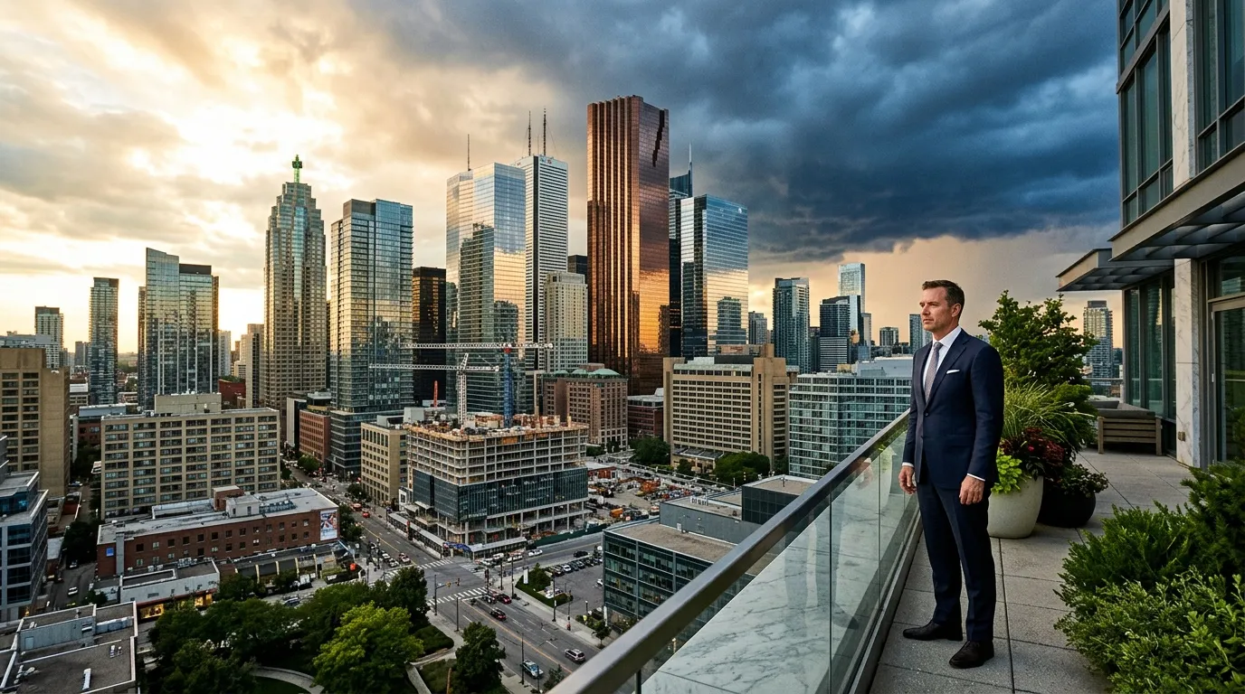 Homme en costume observant le skyline urbain depuis une terrasse