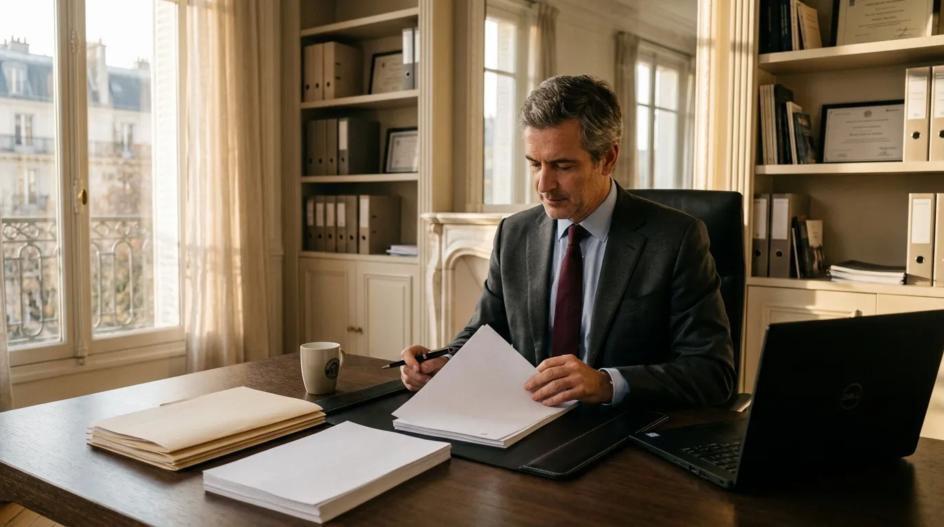 Homme en costume gris consulte documents à son bureau parisien