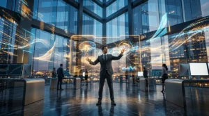 Homme d'affaires manipulant hologrammes technologiques futuristes