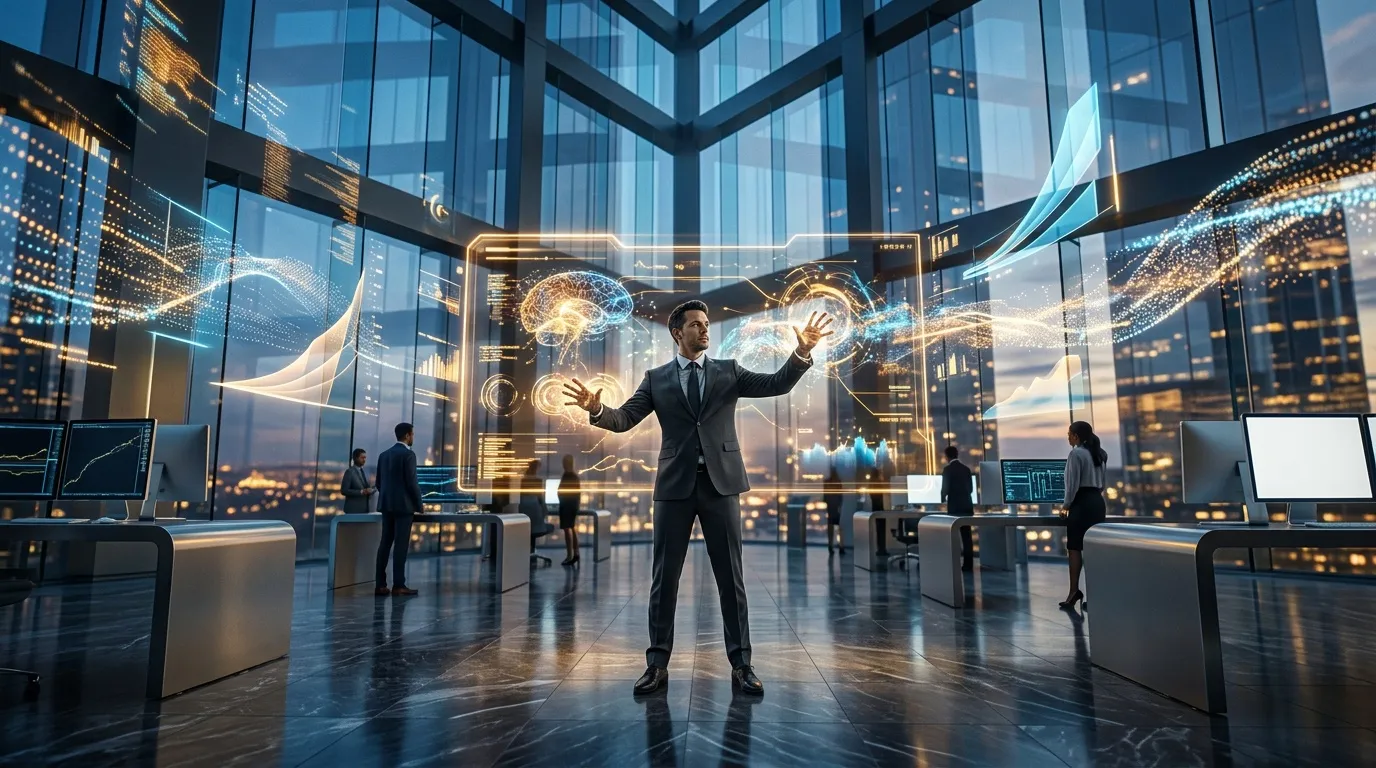 Homme d'affaires manipulant hologrammes technologiques futuristes