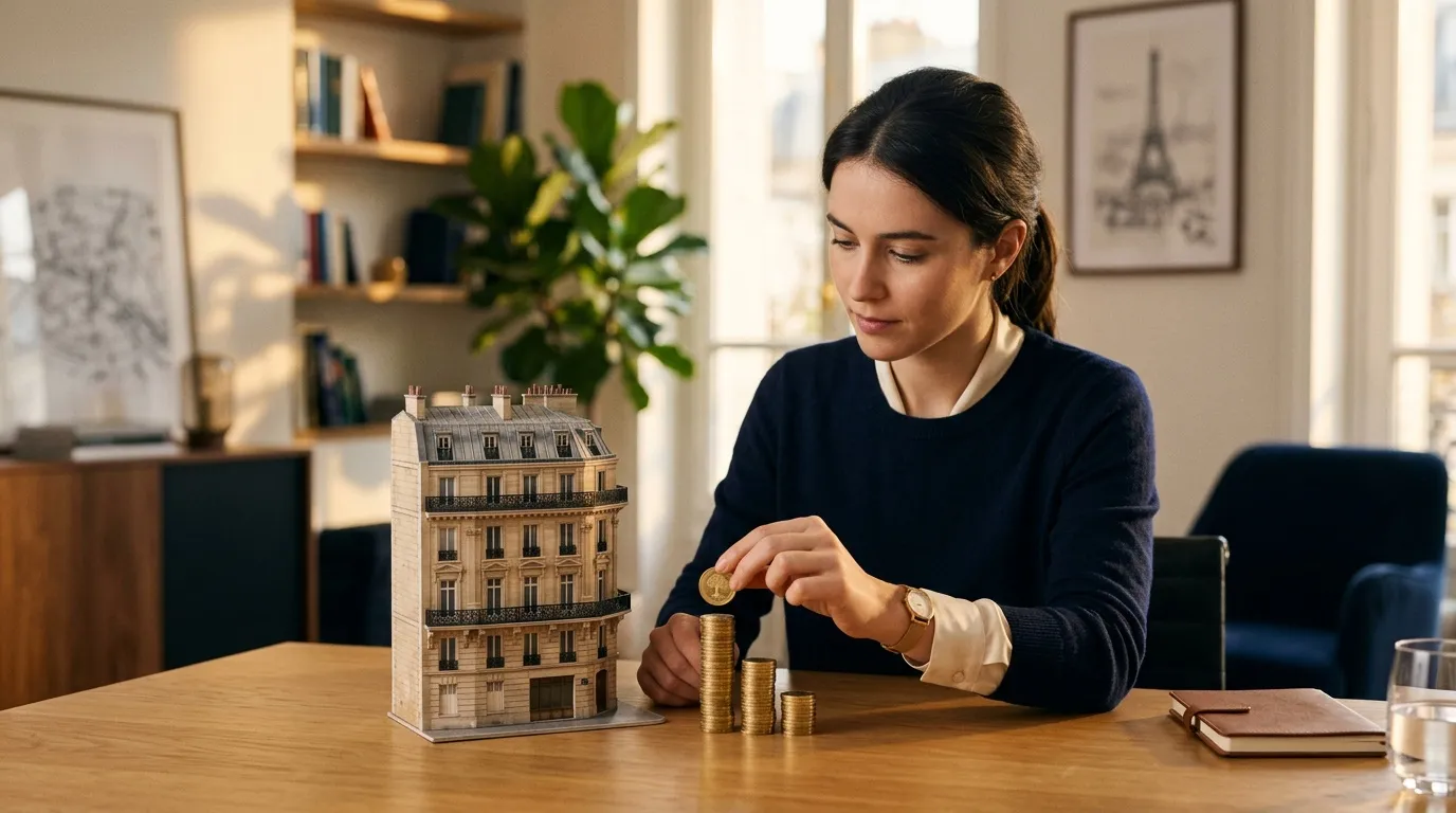 Femme plaçant pièces près maquette maison bureau