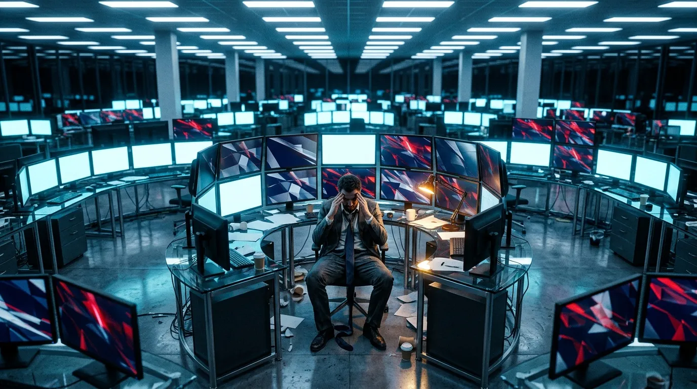 Homme seul dans un immense centre de commande informatique vide