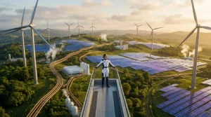 Femme surplombant une centrale énergétique verte avec éoliennes et panneaux solaires