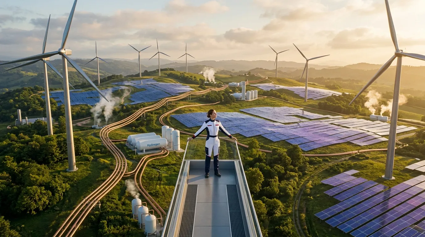Femme surplombant une centrale énergétique verte avec éoliennes et panneaux solaires