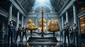 Balance de justice comparant or et dette dans palais
