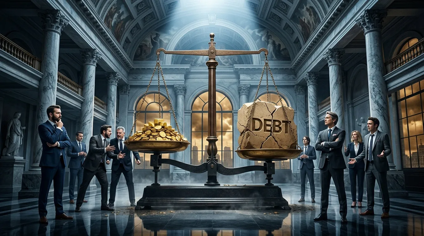 Balance de justice comparant or et dette dans palais
