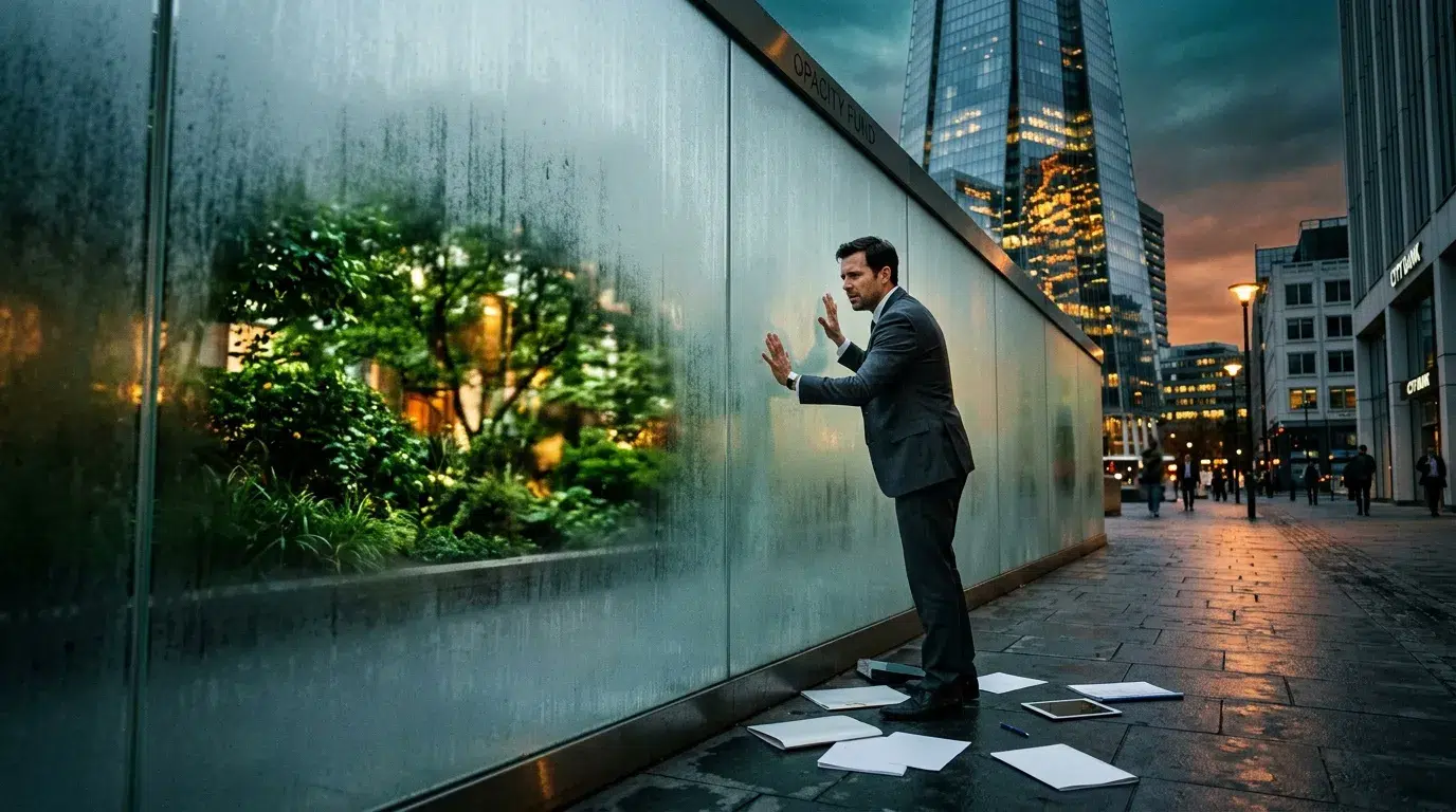 Homme en costume face à un mur végétal en ville