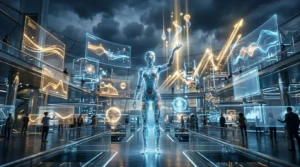 Figure humanoïde holographique brillante dans centre technologique futuriste
