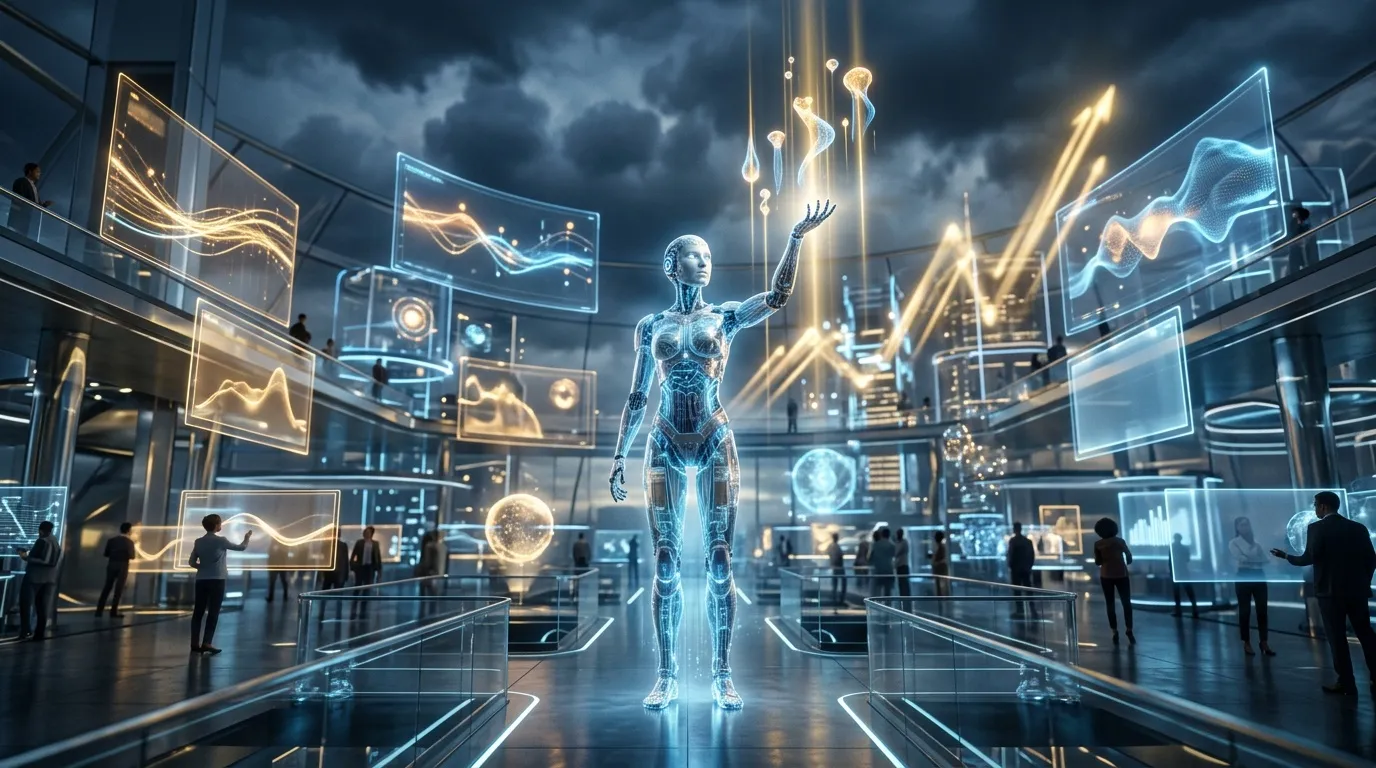 Figure humanoïde holographique brillante dans centre technologique futuriste
