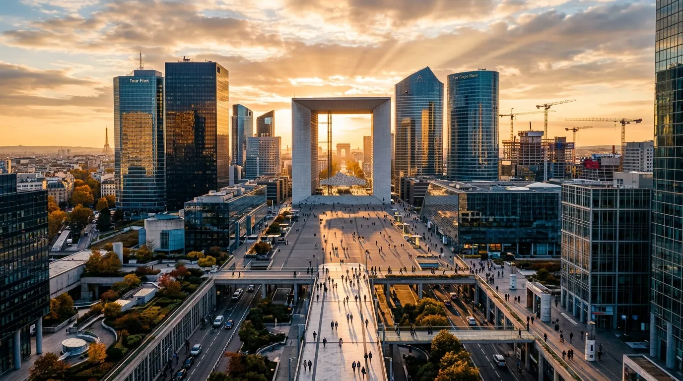 Vue aérienne du quartier d'affaires La Défense à Paris au coucher de soleil