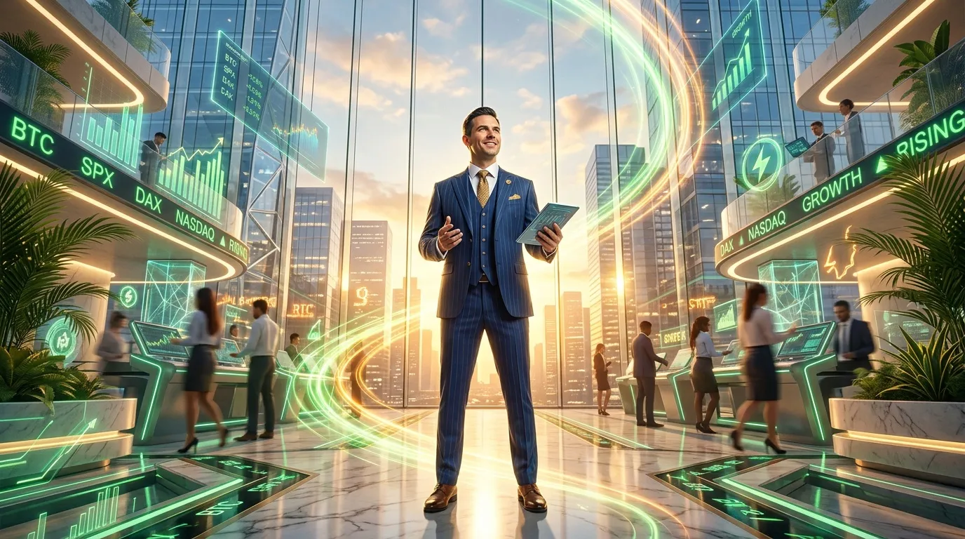 Homme d'affaires en costume bleu tenant tablette, environnement futuriste avec graphiques financiers