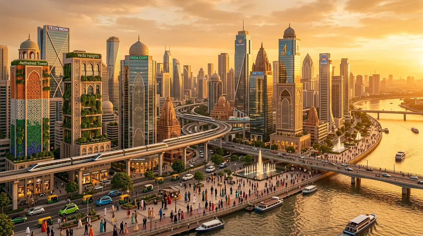 Skyline urbain moderne avec gratte-ciel, autoroutes et waterfront doré