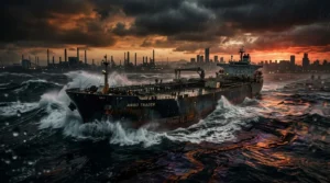Navire Argo Trader battant les vagues face à l'horizon industriel
