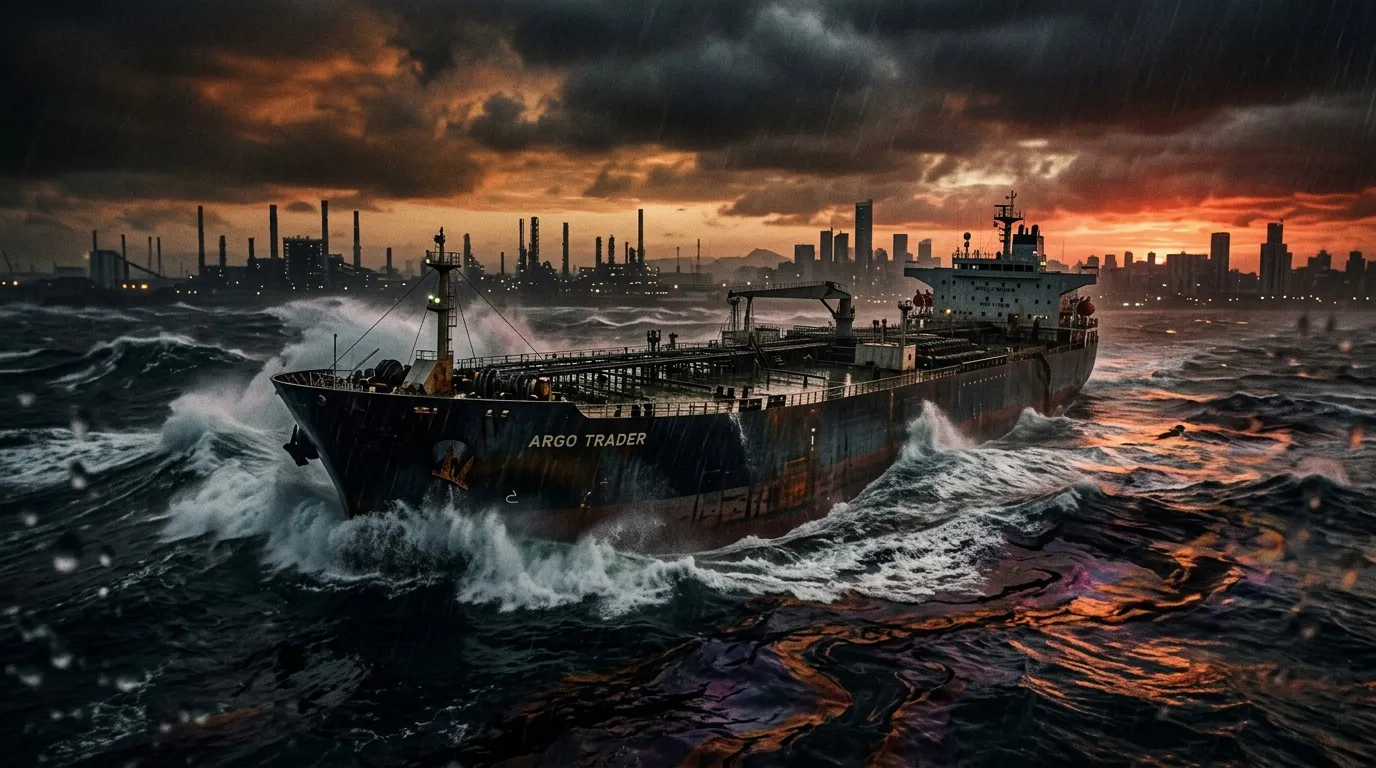 Navire Argo Trader battant les vagues face à l'horizon industriel