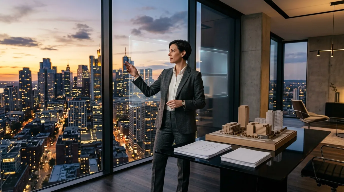 Femme présentant maquette urbaine au coucher soleil cityscape