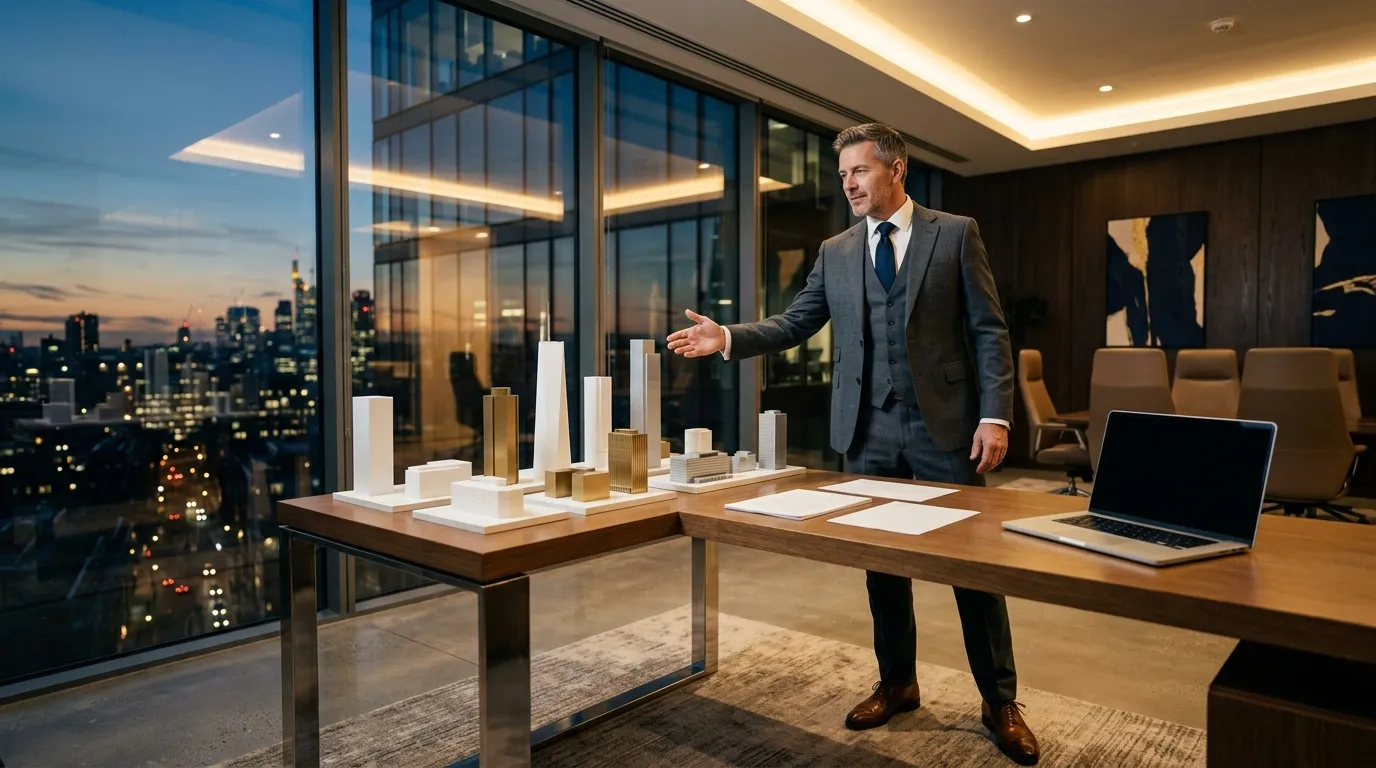 Homme d'affaires présentant maquette architecturale en bureau moderne
