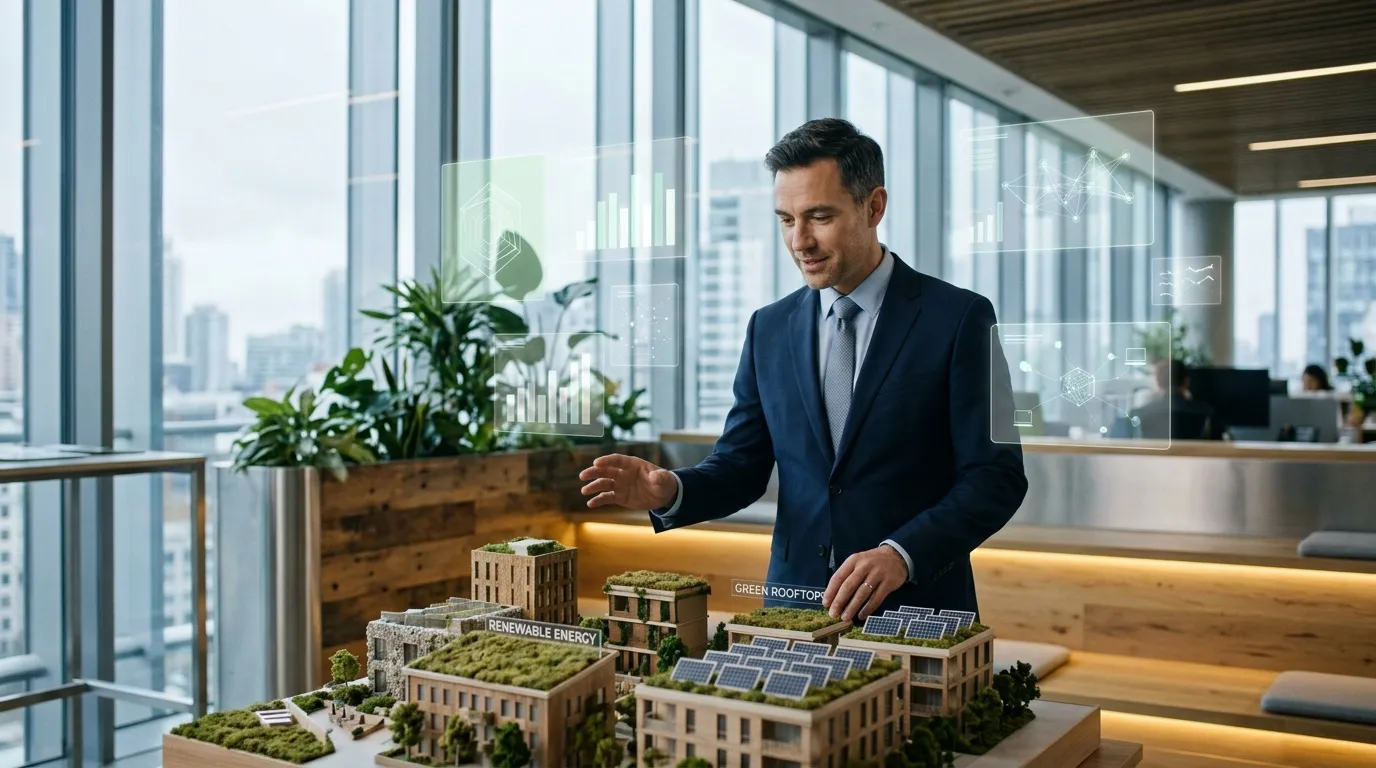 Homme d'affaires présentant maquette de bâtiments écologiques
