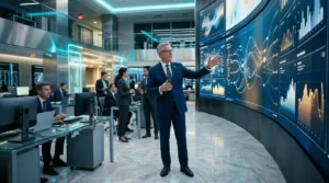 Directeur présente analyses financières à équipe professionnelle moderne