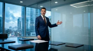 Homme d'affaires en costume présentant dans bureau panoramique