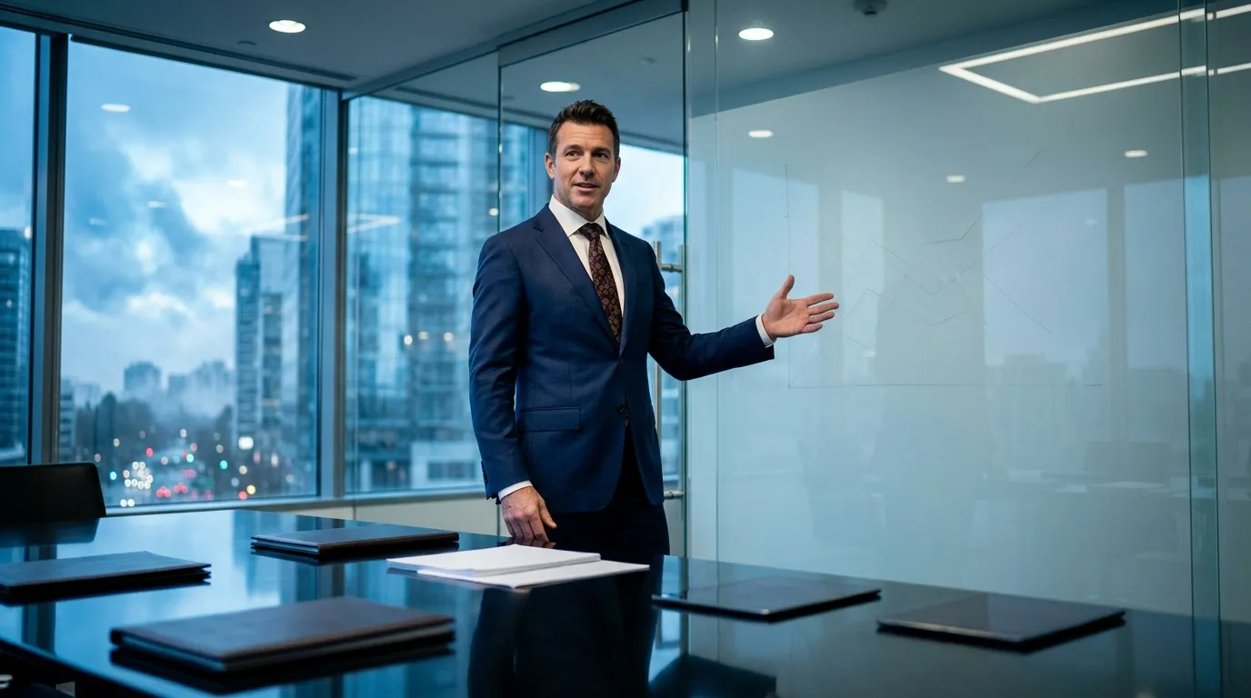 Homme d'affaires en costume présentant dans bureau panoramique