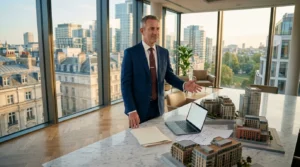 Homme d'affaires présentant des maquettes architecturales depuis un bureau