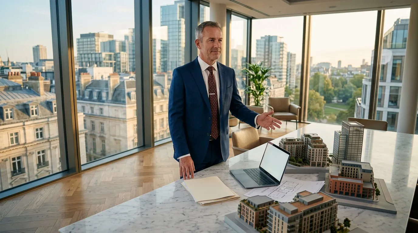 Homme d'affaires présentant des maquettes architecturales depuis un bureau