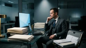 Homme d'affaires en costume pensif assis à son bureau