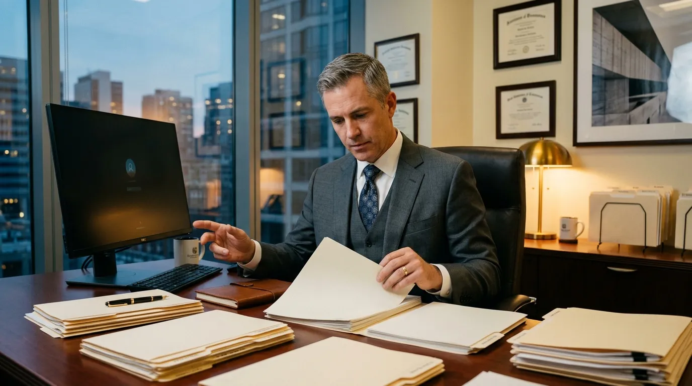 Homme d'affaires consultant des documents à son bureau
