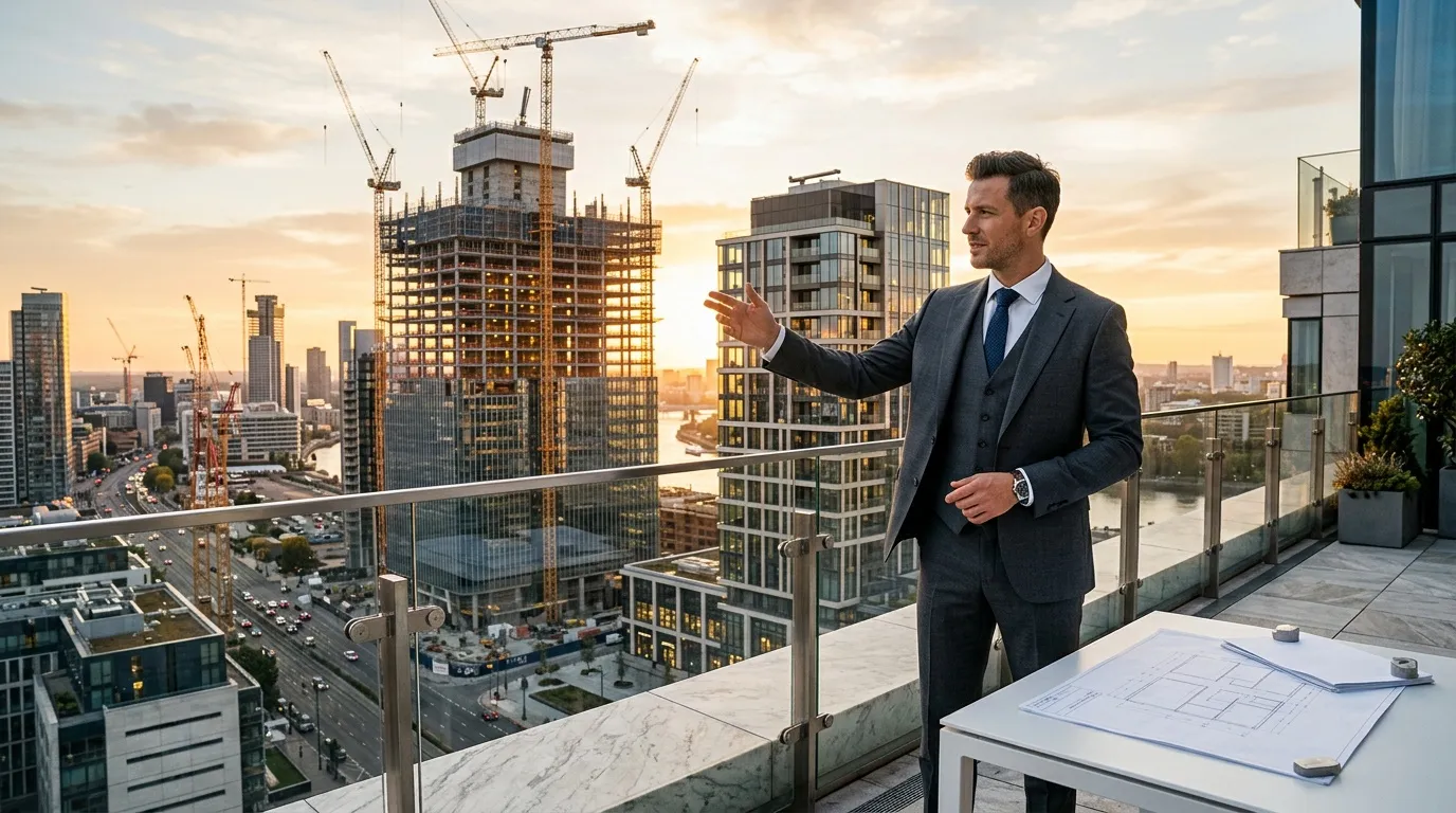 Homme d'affaires observant un chantier de construction depuis une terrasse