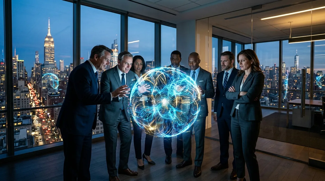 Professionnels observant une sphère de données numériques brillante