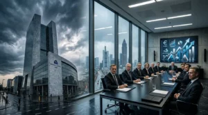 Executives in conference room overlooking city skyline