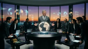 Équipe d'affaires autour d'un globe holographique illuminé