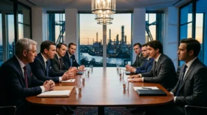 Hommes d'affaires en réunion autour table ronde, vue industrielle