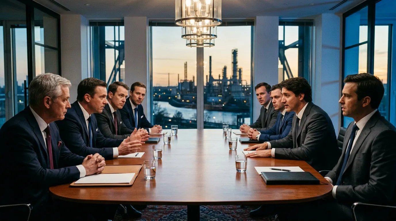 Hommes d'affaires en réunion autour table ronde, vue industrielle