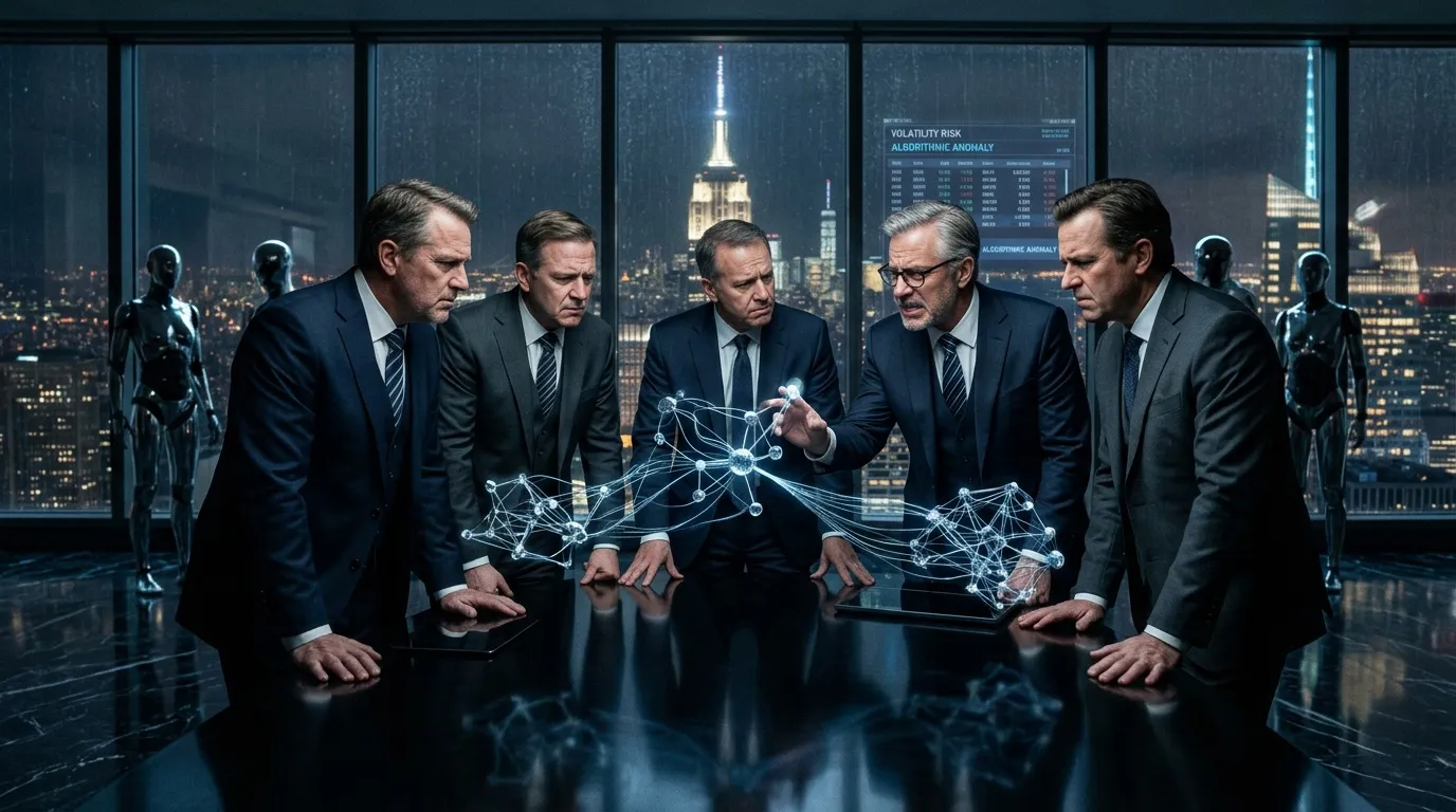 Cinq hommes d'affaires analysent hologramme réseau numérique