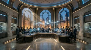 Équipe professionnelle en réunion dans salle moderne avec vue panoramique urbaine