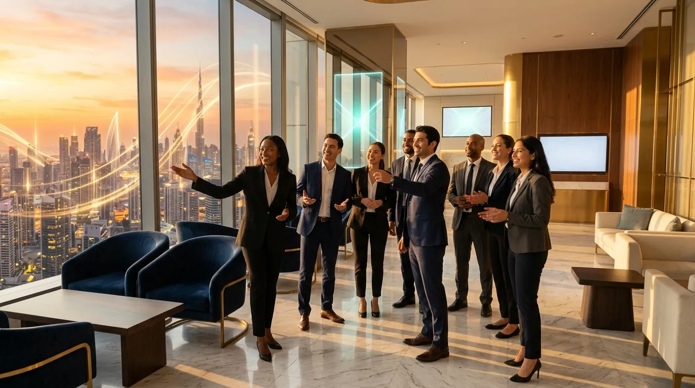 Équipe professionnelle discutant dans bureau panoramique moderne