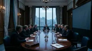 Hommes d'affaires en costume autour d'une table de réunion élégante