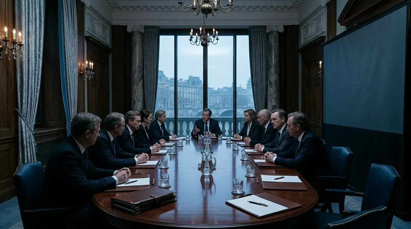 Hommes d'affaires en costume autour d'une table de réunion élégante