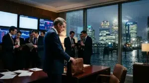 Professionnels en costume discutent dans bureau financier moderne avec vue urbaine nocturne
