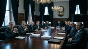 Groupe d'hommes et femmes en costume dans une salle de conférence officielle