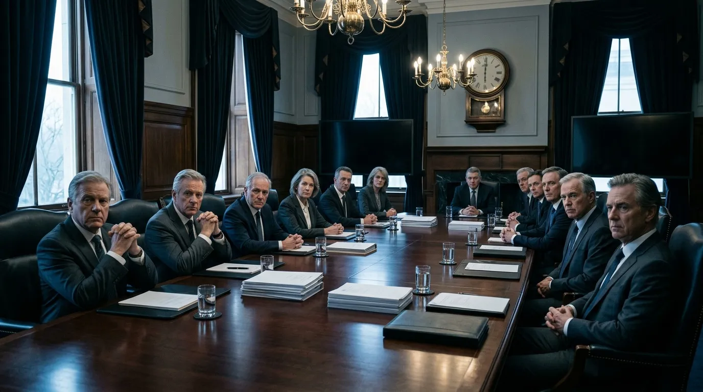 Groupe d'hommes et femmes en costume dans une salle de conférence officielle