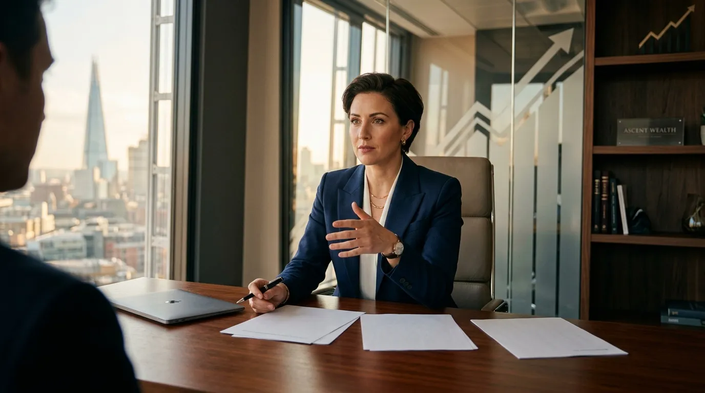 Femme d'affaires en blazer bleu discutant dans un bureau