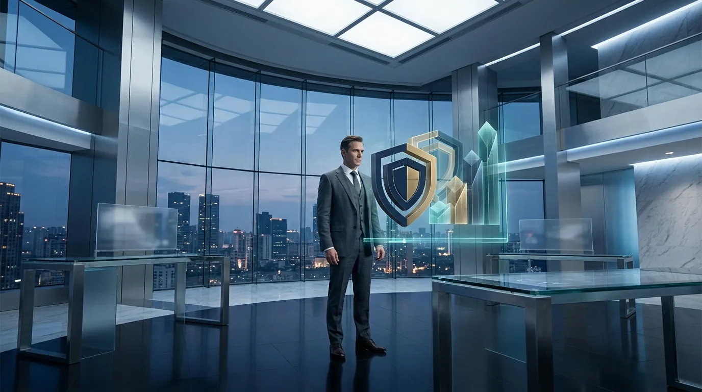 Homme d'affaires dans bureau moderne avec symbole de protection financière