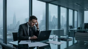 Homme d'affaires concentré travaillant sur ordinateur portable en hauteur