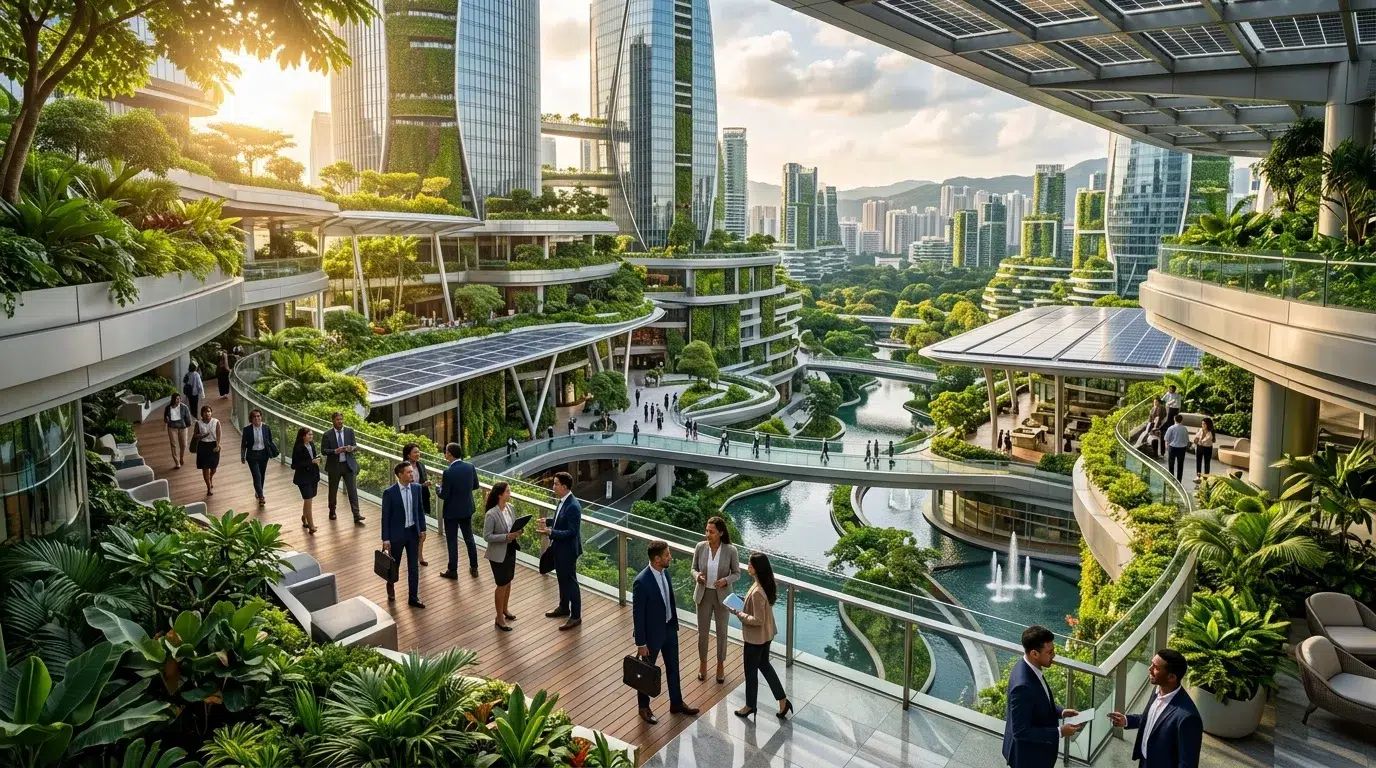 Gratte-ciel écologique avec terrasses végétalisées et professionnels
